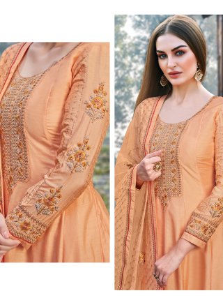 Silk Orange Embroidered Designer Salwar Kameez