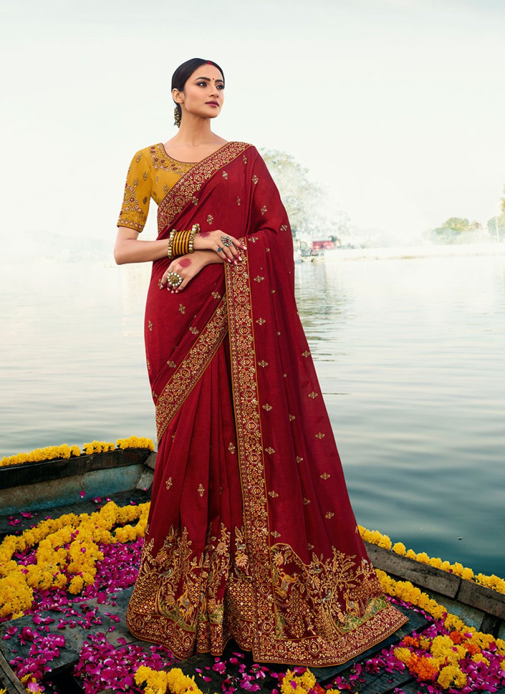 Buy Silk Red Embroidered Designer Saree Online 142868