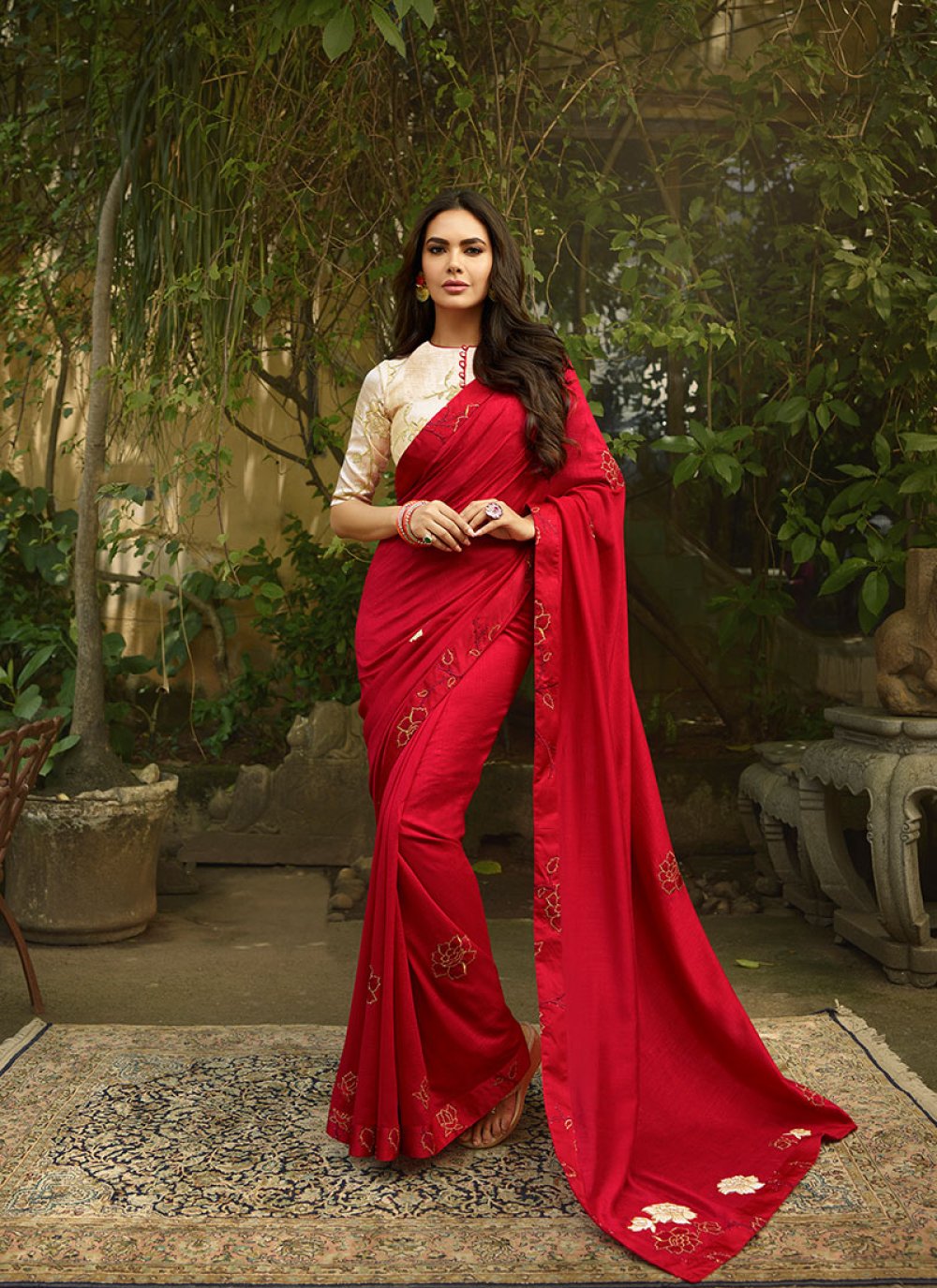 Buy Red Silk Georgette Party Wear Resham Work Saree Online From Wholesale  Salwar.