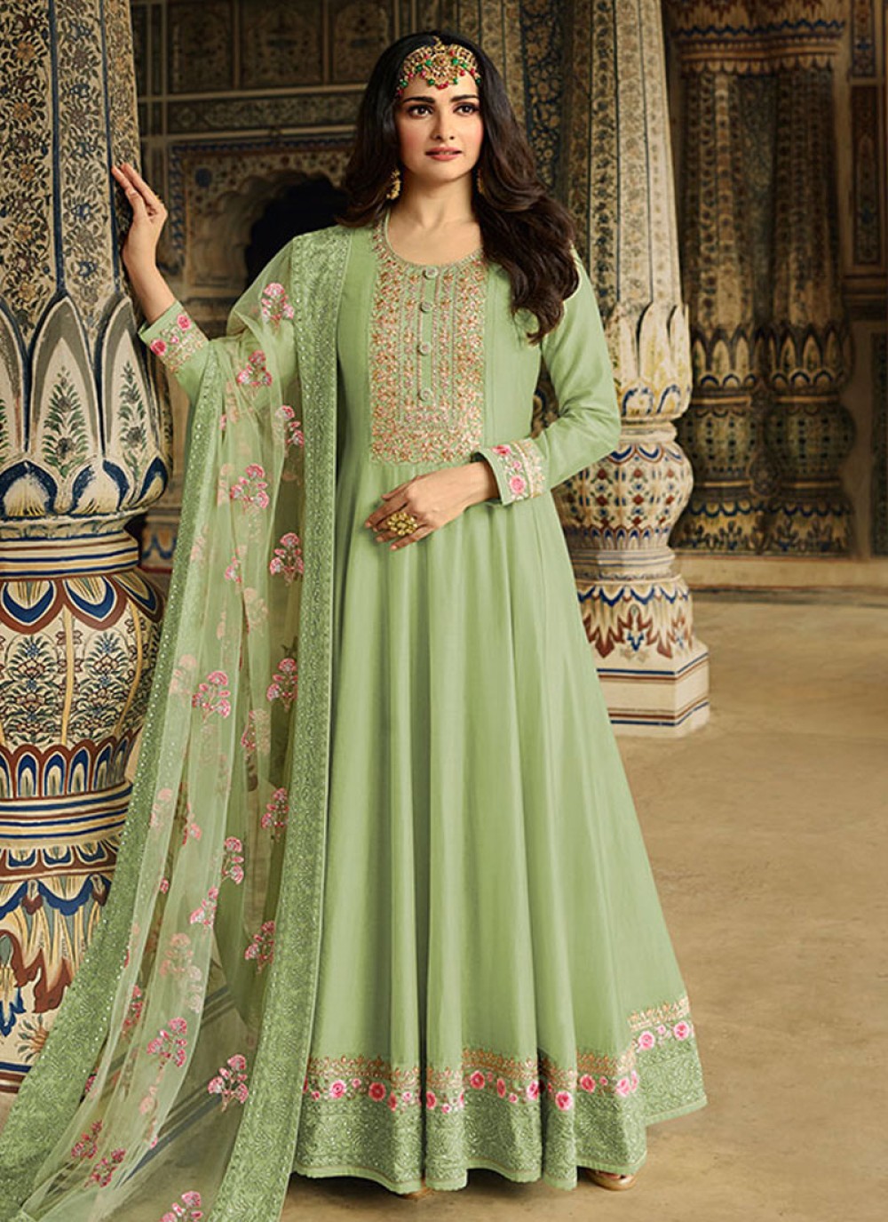 Shop Silk Resham Green Anarkali Suit Online : 147590