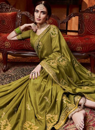 Silk Stone Work Trendy Saree in Green