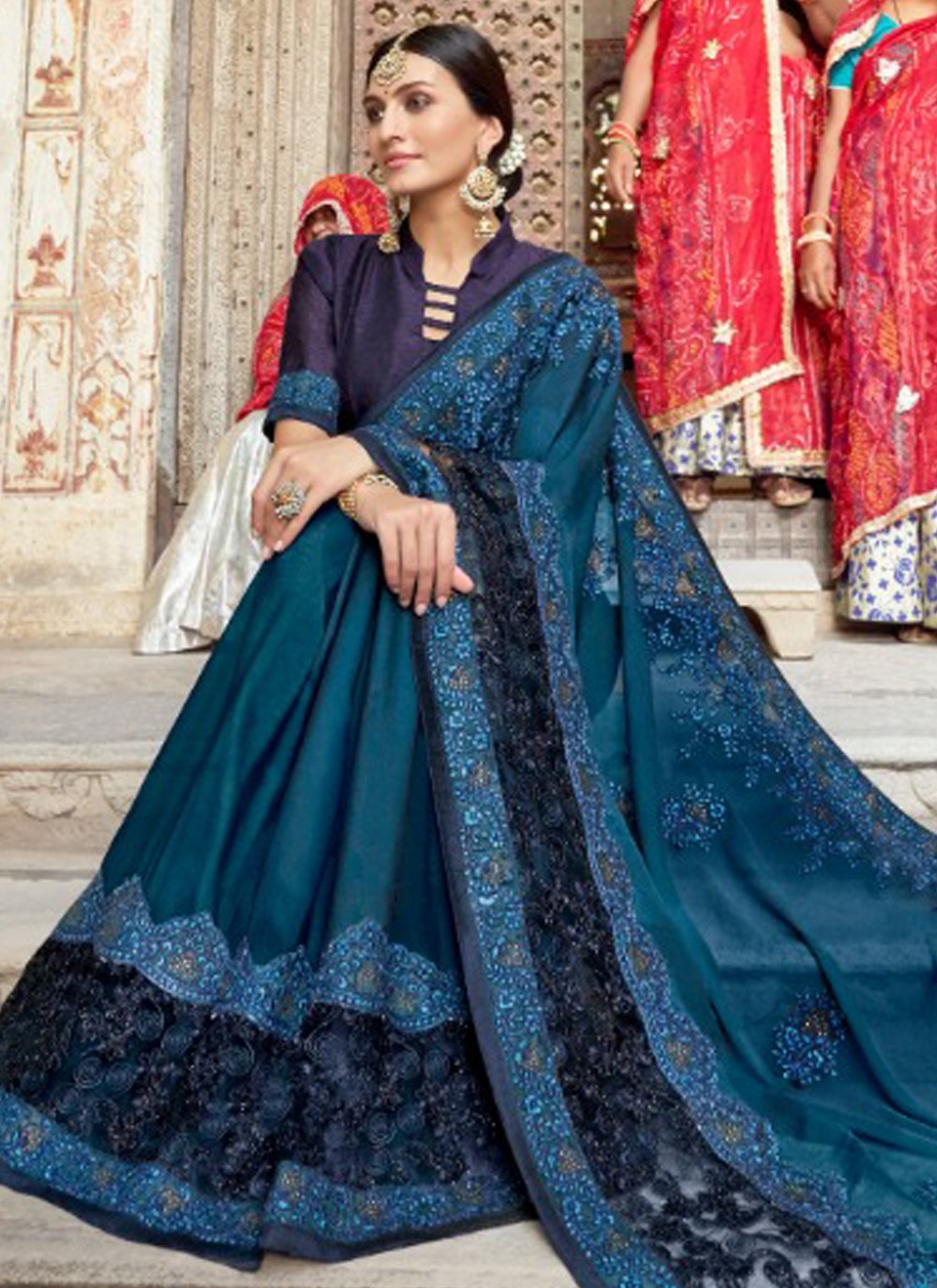 Buy Online Silk Teal Traditional Saree : 168660