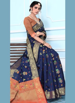 Silk Traditional Saree in Navy Blue