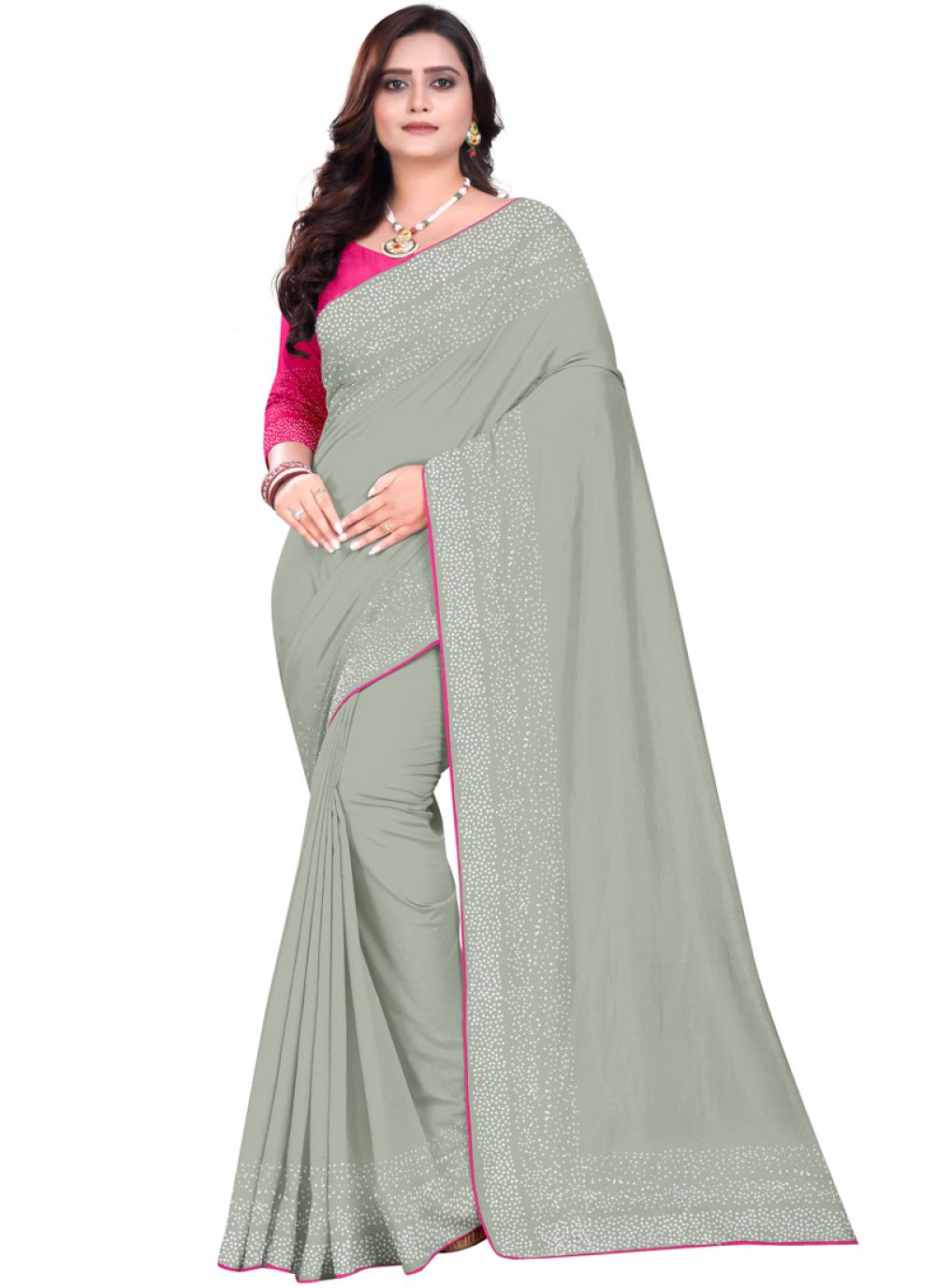 Vishal Prints Tan Satin Saree With Stone Work