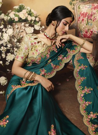 Teal Embroidered Designer Bollywood Saree