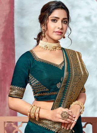 Teal Embroidered Fancy Fabric Traditional Saree