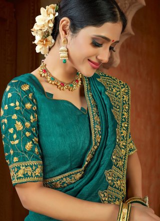 Teal Embroidered Wedding Contemporary Saree