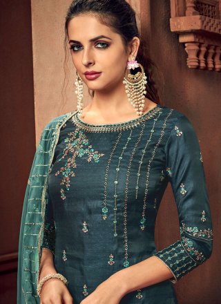 Teal Silk Embroidered Trendy Palazzo Salwar Suit
