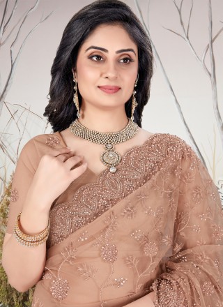 Traditional Designer Saree Embroidered Net in Brown