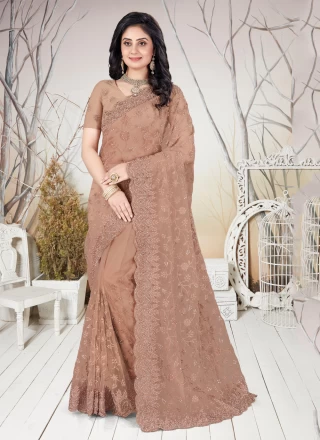 Traditional Designer Saree Embroidered Net in Brown