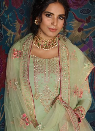 Tussar Silk Sea Green Embroidered Designer Pakistani Suit