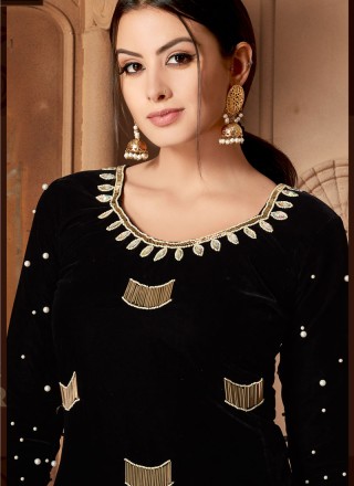 Velvet Resham Designer Salwar Suit in Black