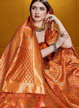 Weaving Banarasi Silk Orange Silk Saree