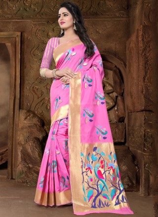Weaving Rose Pink Banarasi Silk Traditional Saree
