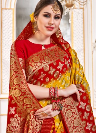 Weaving Viscose Red and Yellow Classic Designer Saree