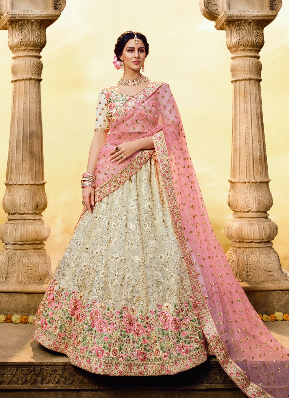 Bride in a Subtle Pink Lehenga for Engagement Ceremony | Mehendi ceremony  outfits, Simple mehndi dresses, Bridal lehenga designs