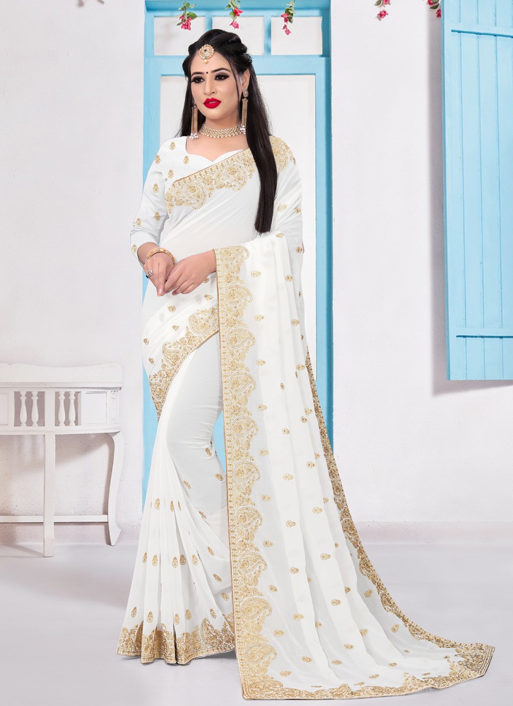 Bollywood Style Sparkling Sequins Work Off White Georgette Partywear Saree  - KSM PRINTS - 4107601