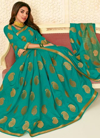 Woven Raw Silk Designer Saree in Sea Green