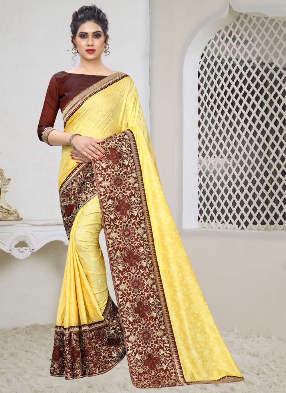 Yellow Embroidered Silk Silk Saree