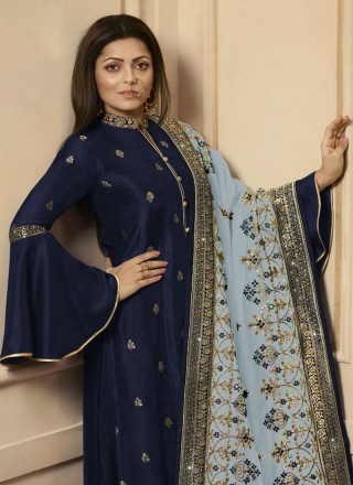 Zari Navy Blue Silk Trendy Salwar Suit