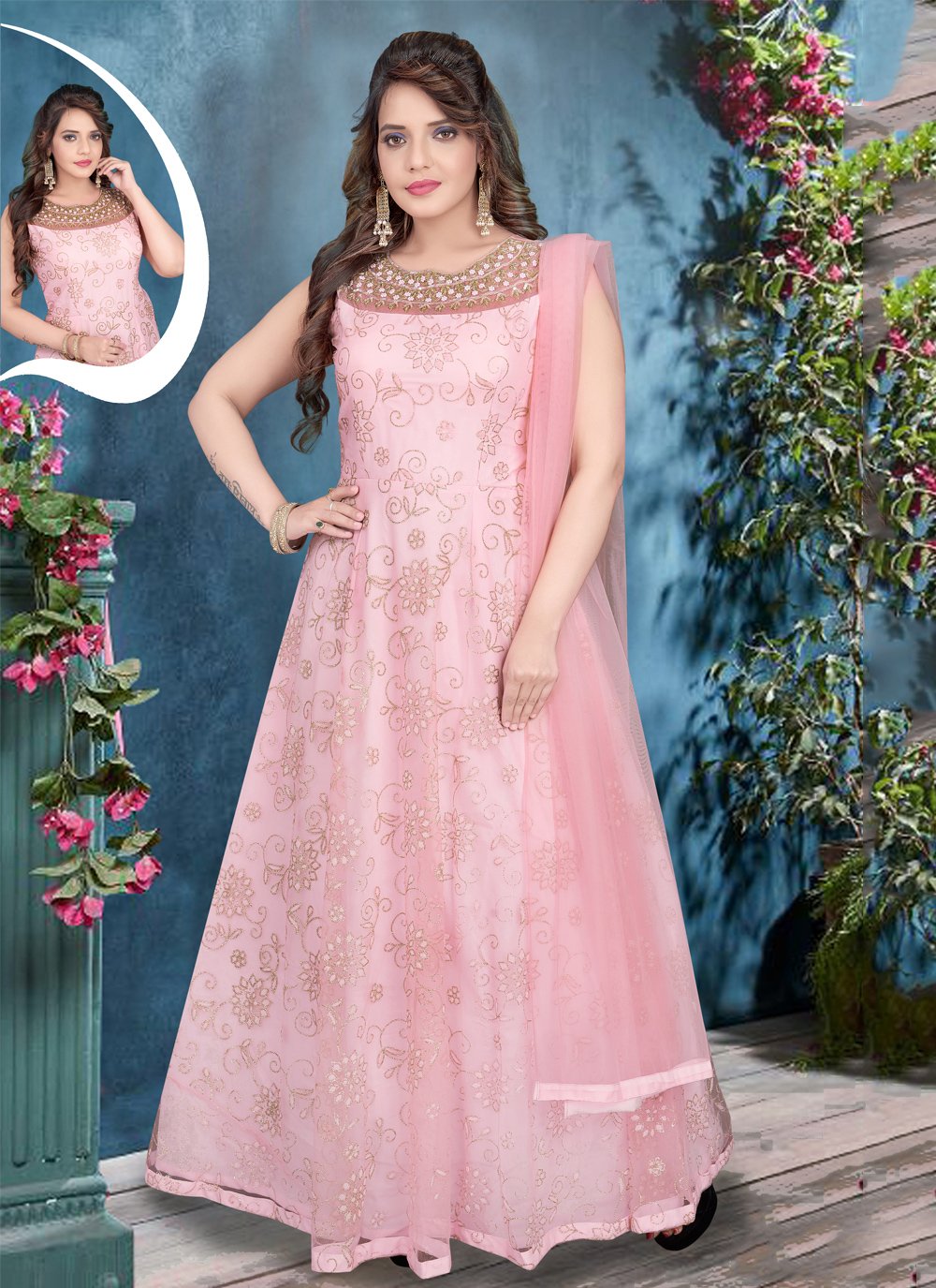 Festive, Reception, Wedding Pink and Majenta color Net fabric Gown : 1624732