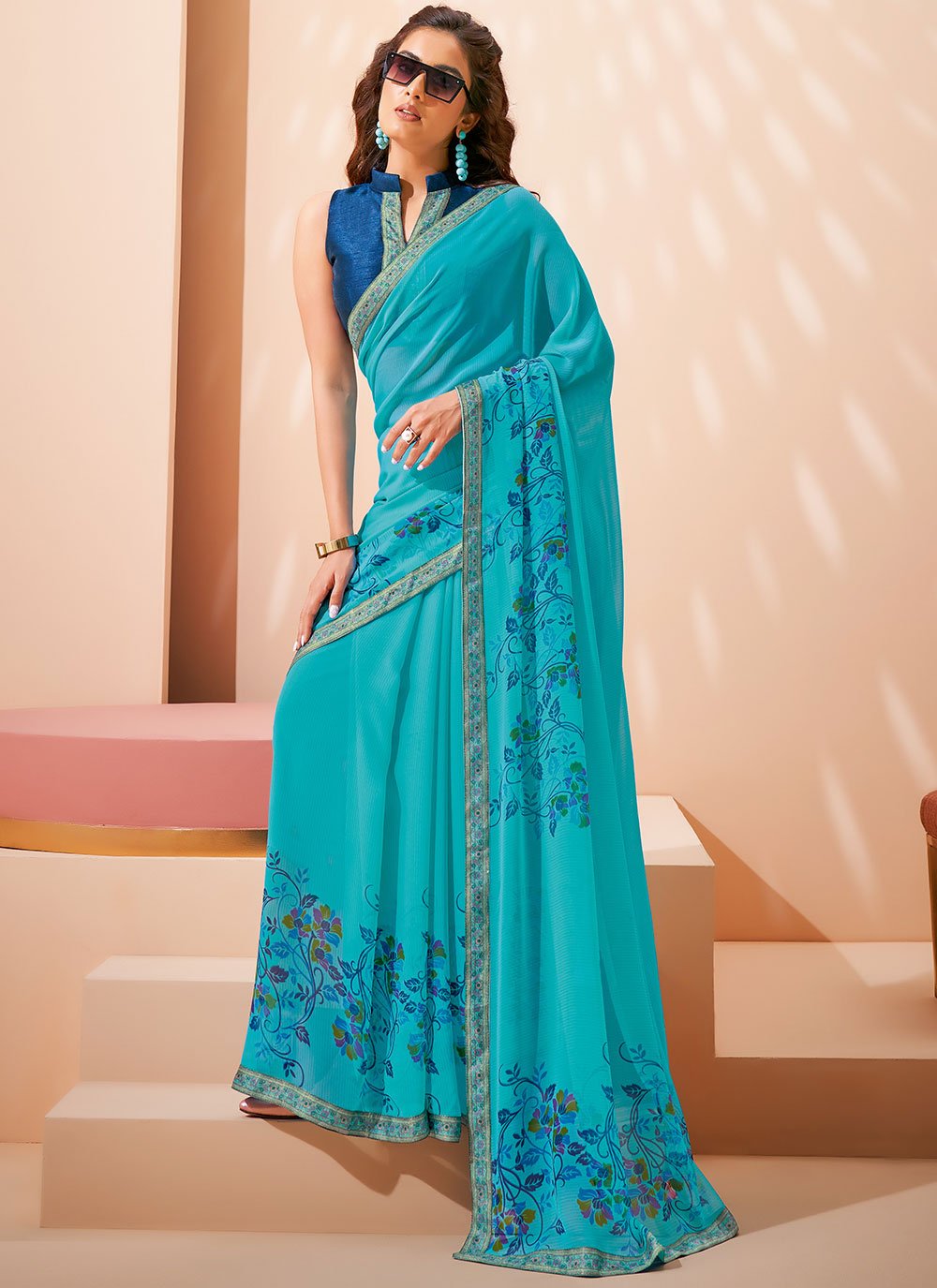 Abstract Print Faux Georgette Blue Saree buy online -