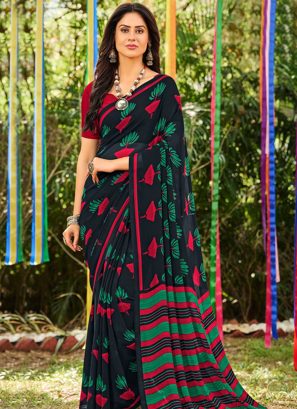 Abstract Print Faux Georgette Multi Colour Casual Saree