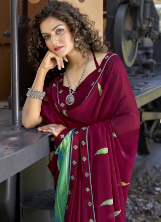Abstract Print Faux Georgette Wine Casual Saree