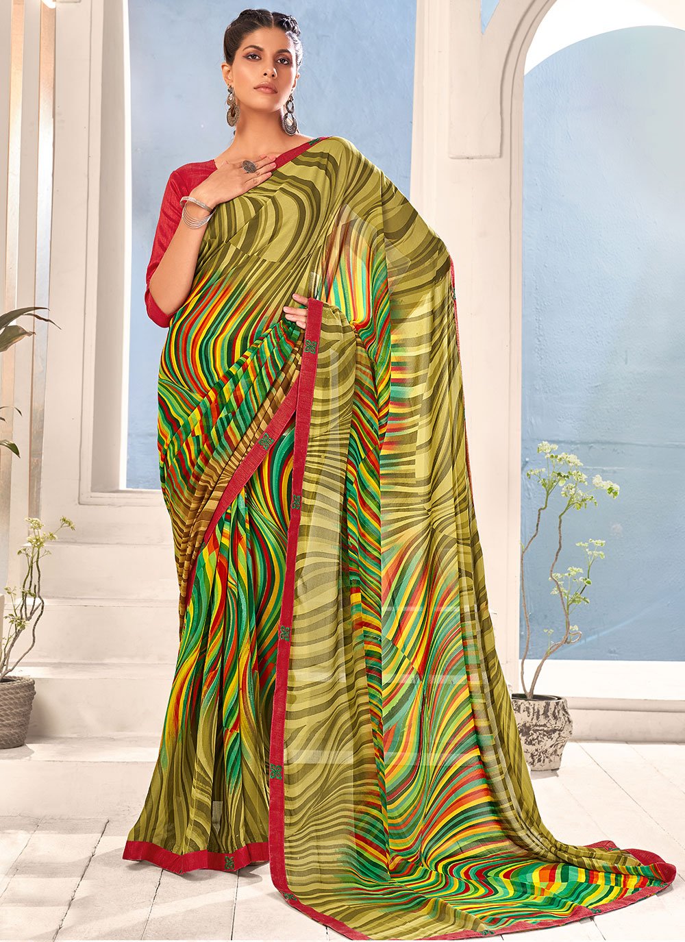 Abstract Print Multi Colour Faux Georgette Saree