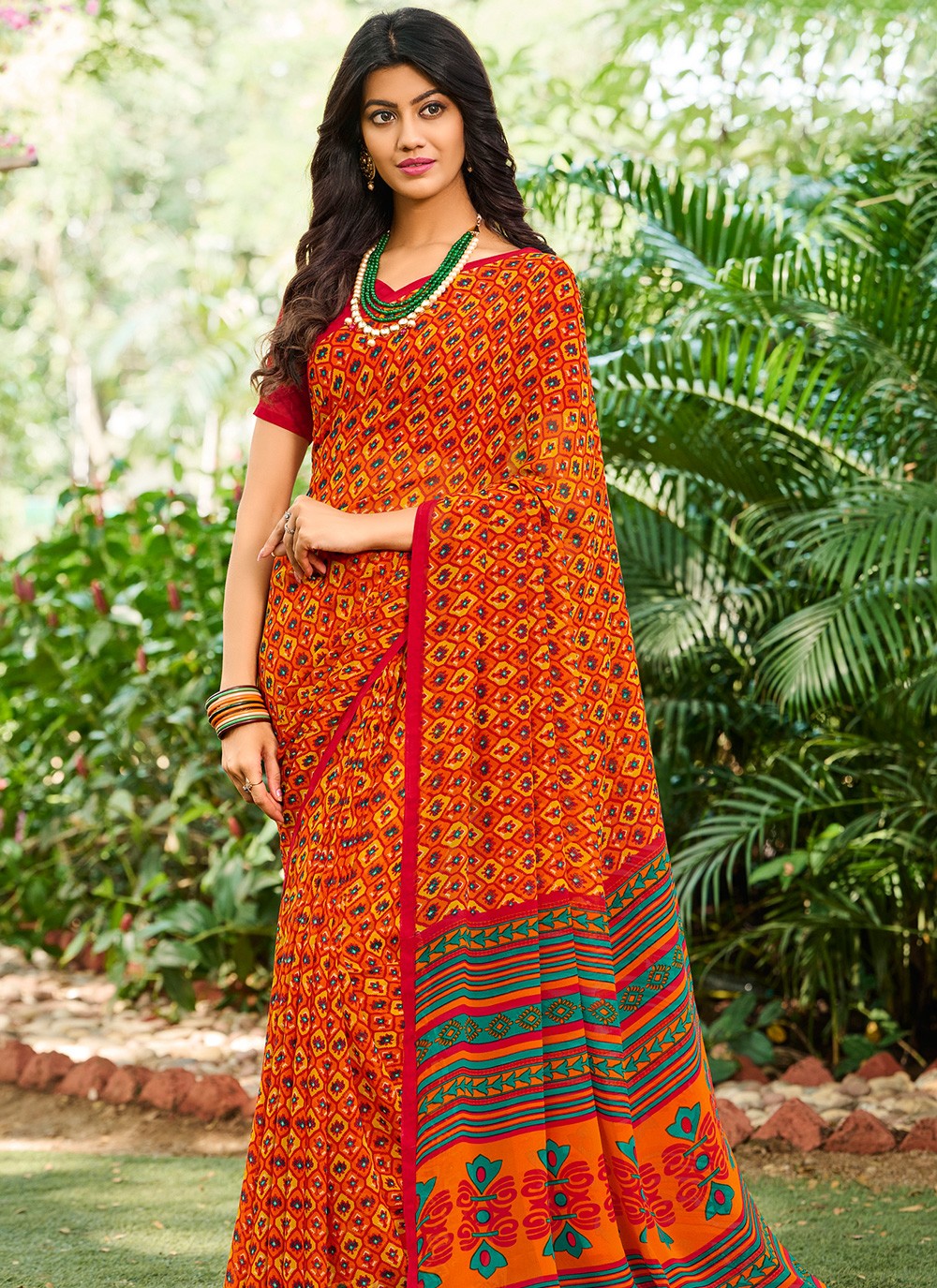 Abstract Print Orange Faux Georgette Casual Saree