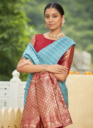 Aqua Blue Ceremonial Traditional Designer Saree