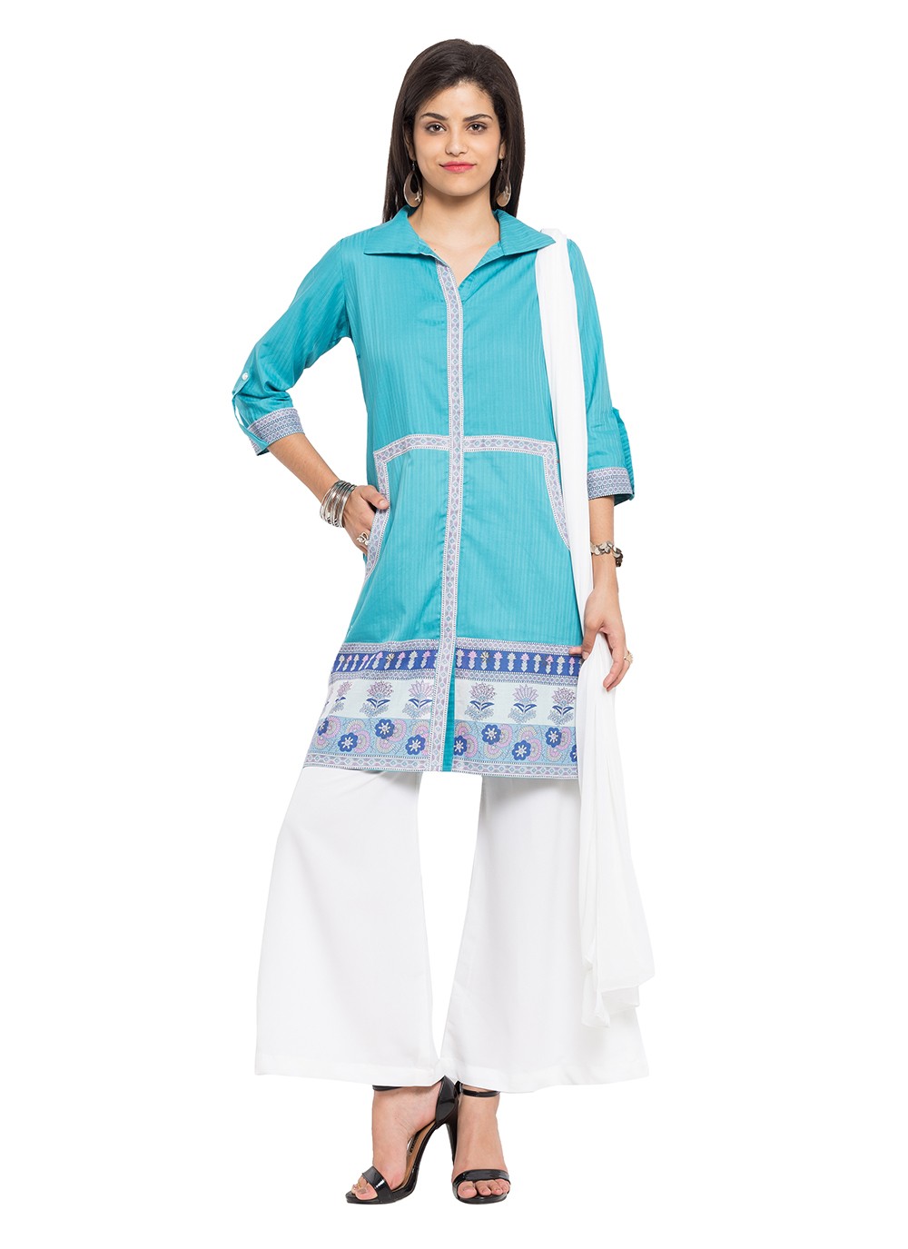 Aqua Blue Cotton Embroidered Readymade Salwar Kameez