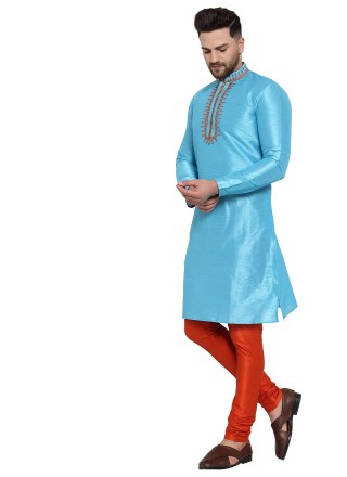 Aqua Blue Embroidered Banarasi Silk Kurta Pyjama