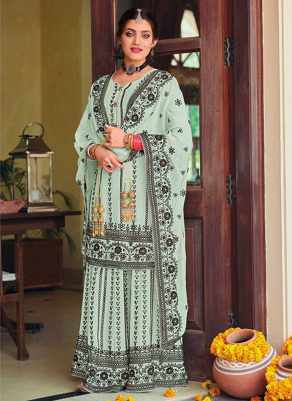 Aqua Blue Embroidered Faux Georgette Designer Pakistani Salwar Suit