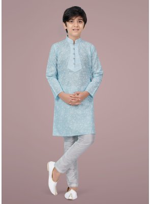 Aqua Blue Printed Cotton Silk Kurta Pyjama