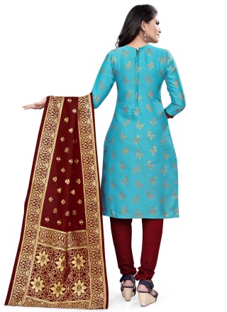 Aqua Blue Weaving Banarasi Silk Churidar Designer Suit