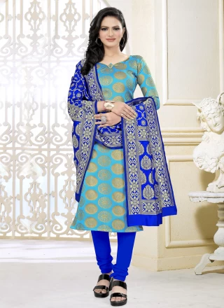 Aqua Blue Weaving Fancy Fabric Churidar Suit