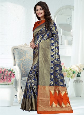 Art Banarasi Silk Blue Weaving Traditional Designer Saree