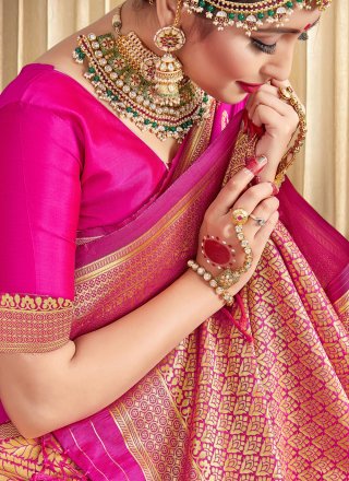 Art Banarasi Silk Hot Pink Woven Designer Traditional Saree