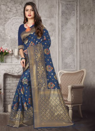 Art Banarasi Silk Navy Blue Weaving Traditional Designer Saree