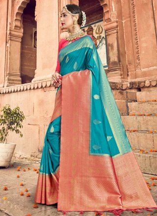 Art Banarasi Silk Turquoise Woven Traditional Designer Saree