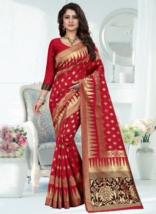 Art Banarasi Silk Weaving Red Designer Traditional Saree