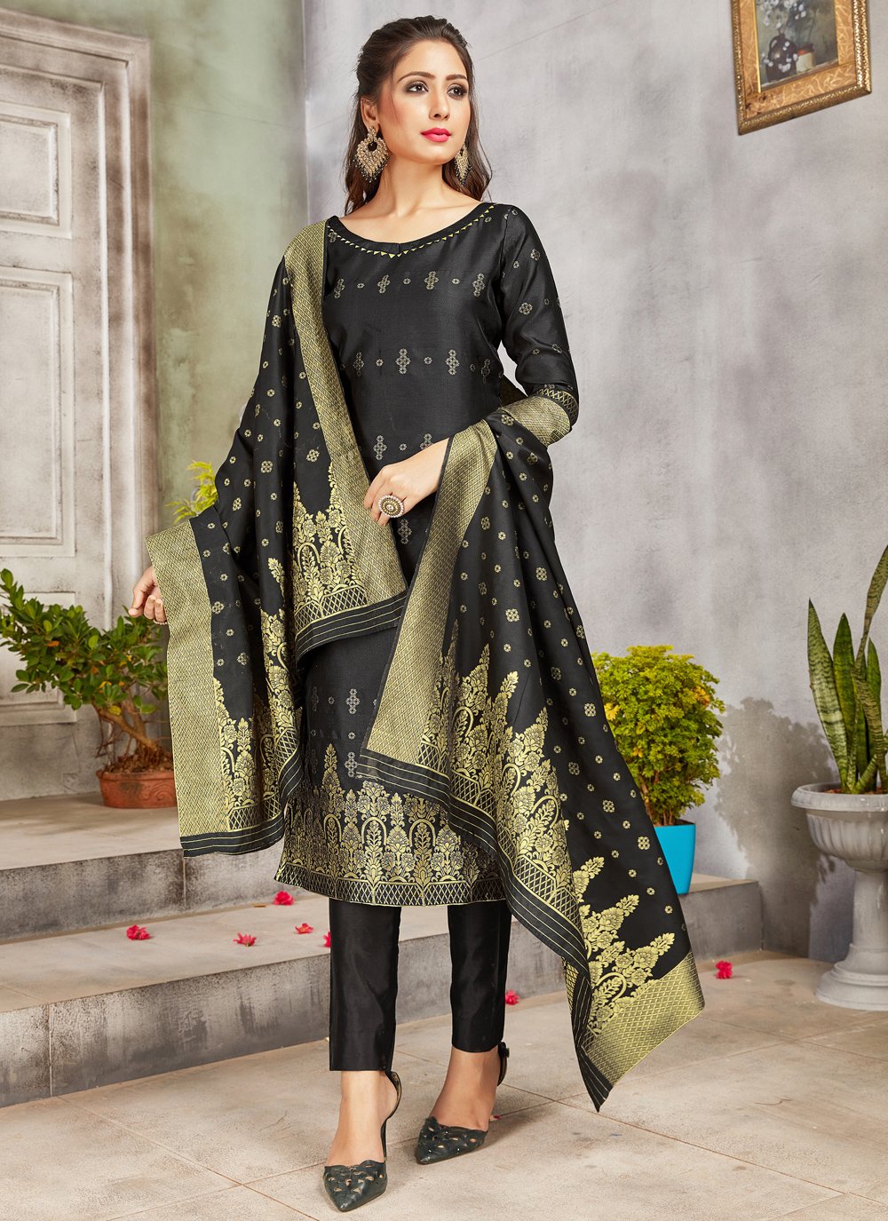 Art Banarasi Silk Woven Black Pant Style Suit