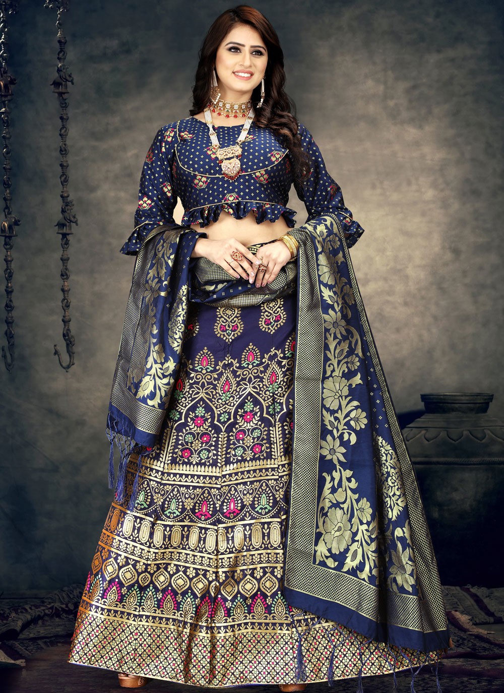 Art Banarasi Silk Woven Lehenga Choli in Navy Blue