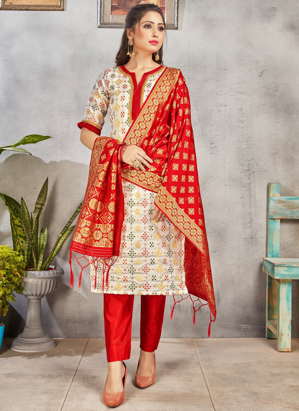Art Banarasi Silk Woven Pant Style Suit in Off White
