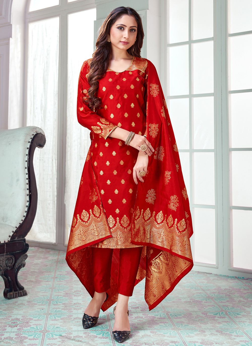 Buy Art Banarasi Silk Woven Red Pant Style Suit Online : 179543 -