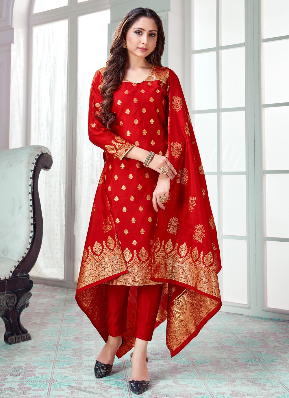 red banarsi suit