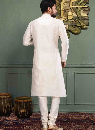 Art Dupion Silk Off White Machine Embroidery  Kurta Pyjama