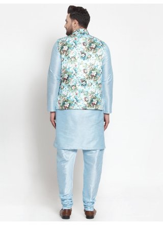 Art Raw Silk Blue Kurta Payjama With Jacket