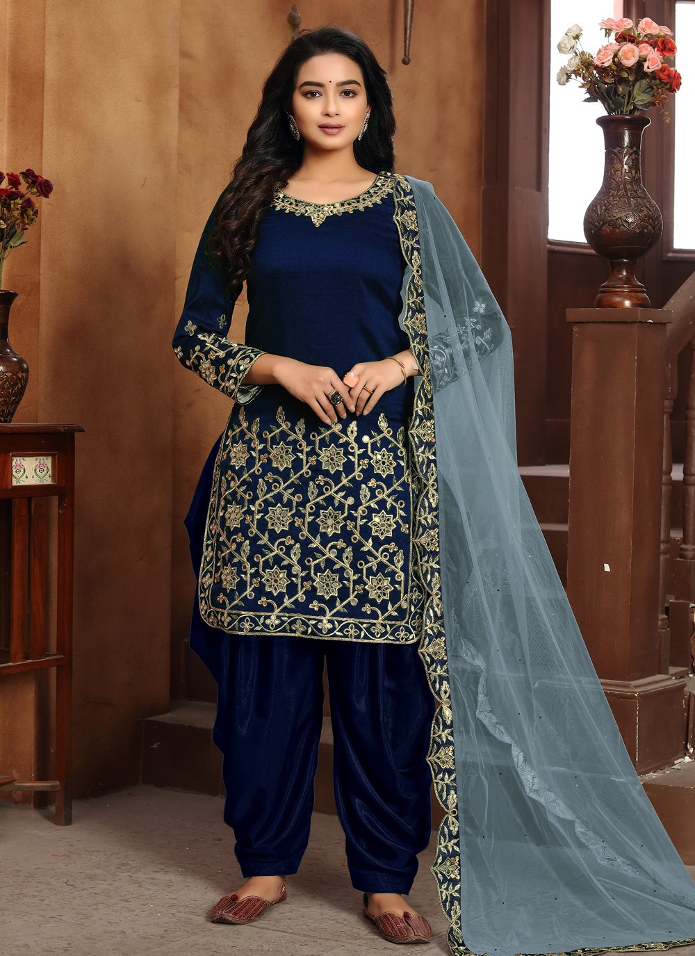 Art Silk Blue Designer Patiala Suit buy online